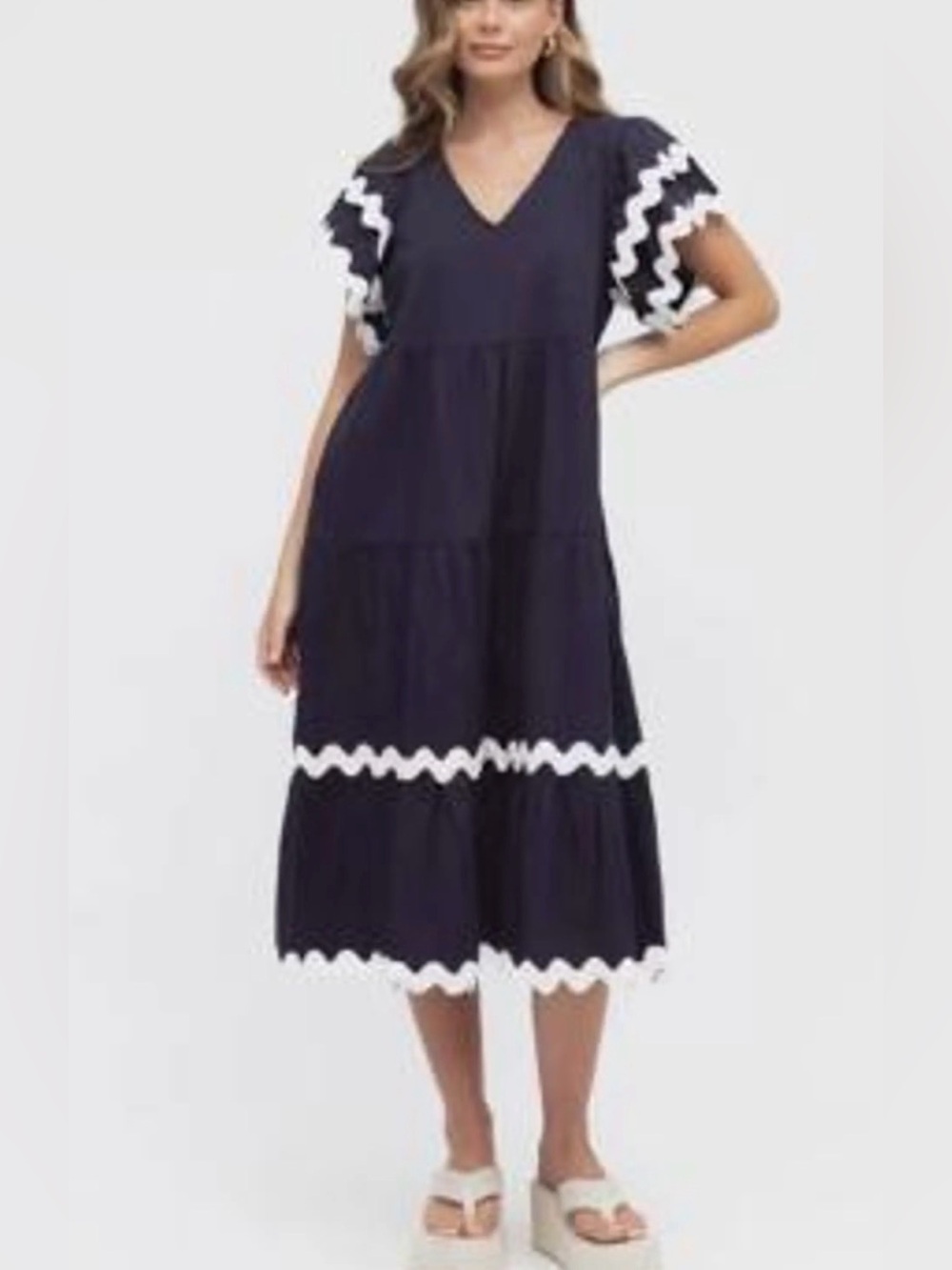 Navy V-Neck Tiered Midi Dress with White Trim Cotten Blue White Large